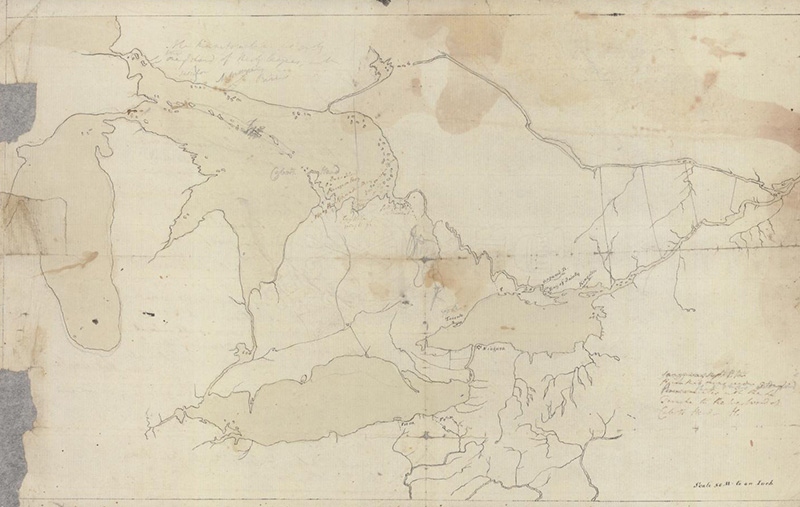 Hand-drawn map of the great lakes showing waterways. The water has been colored a light bluish color. Notes have been added in a different hand.