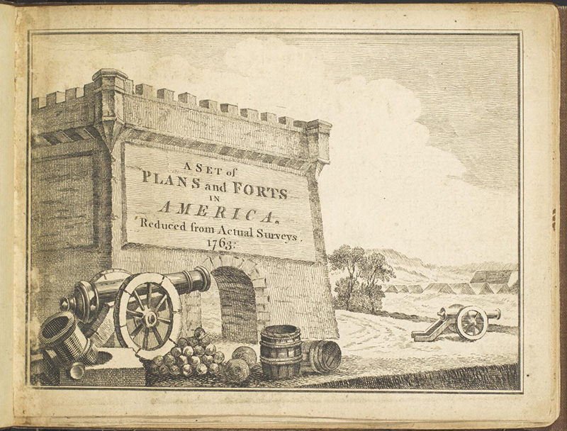 Faded, black-and-white print of a square fortification with the title of the book written on the front-facing side. Cannons, cannonballs, and barrels are seen in the foreground